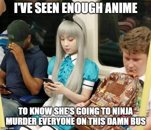 I'VE SEEN ENOUGH ANIME; TO KNOW SHE'S GOING TO NINJA MURDER EVERYONE ON THIS DAMN BUS | image tagged in anime,anime girl | made w/ Imgflip meme maker