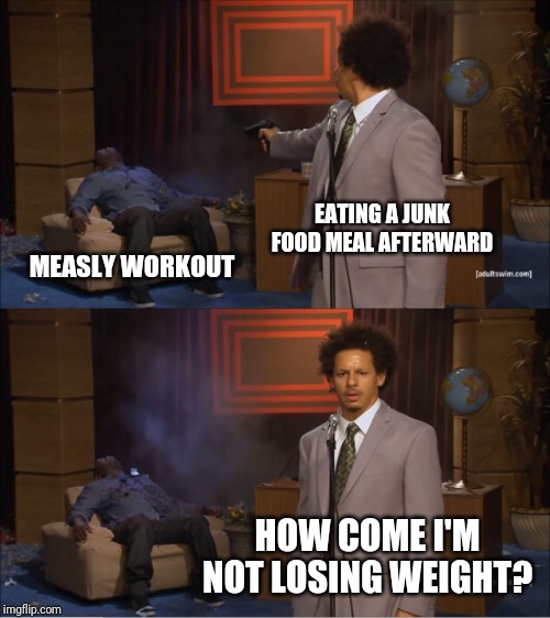 Who Killed Hannibal | EATING A JUNK FOOD MEAL AFTERWARD; MEASLY WORKOUT; HOW COME I'M NOT LOSING WEIGHT? | image tagged in memes,who killed hannibal | made w/ Imgflip meme maker