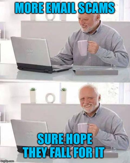 Hide the Pain Harold | MORE EMAIL SCAMS; SURE HOPE THEY FALL FOR IT | image tagged in memes,hide the pain harold | made w/ Imgflip meme maker
