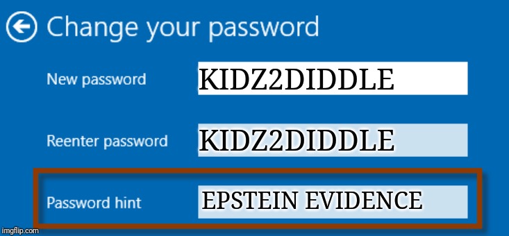 Password | KIDZ2DIDDLE; KIDZ2DIDDLE; EPSTEIN EVIDENCE | image tagged in password | made w/ Imgflip meme maker