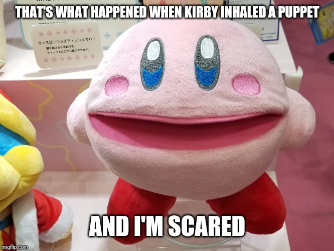 Kirby ledger | THAT'S WHAT HAPPENED WHEN KIRBY INHALED A PUPPET; AND I'M SCARED | image tagged in kirby ledger,kirby,memes | made w/ Imgflip meme maker