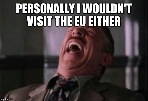 J Jonah Jameson laughing | PERSONALLY I WOULDN'T VISIT THE EU EITHER | image tagged in j jonah jameson laughing | made w/ Imgflip meme maker