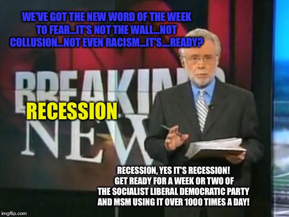 CNN Breaking News | WE'VE GOT THE NEW WORD OF THE WEEK TO FEAR...IT'S NOT THE WALL...NOT COLLUSION...NOT EVEN RACISM...IT'S....READY? RECESSION; RECESSION, YES IT'S RECESSION!  GET READY FOR A WEEK OR TWO OF THE SOCIALIST LIBERAL DEMOCRATIC PARTY AND MSM USING IT OVER 1000 TIMES A DAY! | image tagged in cnn breaking news | made w/ Imgflip meme maker