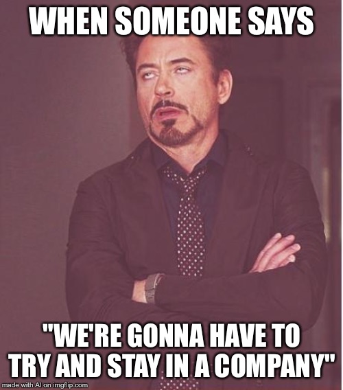 Face You Make Robert Downey Jr | WHEN SOMEONE SAYS; "WE'RE GONNA HAVE TO TRY AND STAY IN A COMPANY" | image tagged in memes,face you make robert downey jr | made w/ Imgflip meme maker