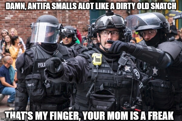 Portland | DAMN, ANTIFA SMALLS ALOT LIKE A DIRTY OLD SNATCH; THAT'S MY FINGER, YOUR MOM IS A FREAK | image tagged in antifa,portland,trump | made w/ Imgflip meme maker