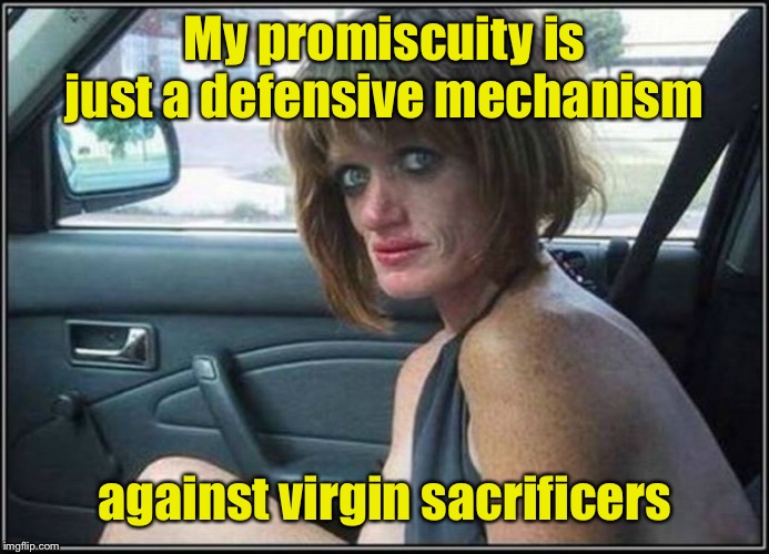 Ugly meth heroin addict Prostitute hoe in car | My promiscuity is just a defensive mechanism against virgin sacrificers | image tagged in ugly meth heroin addict prostitute hoe in car | made w/ Imgflip meme maker