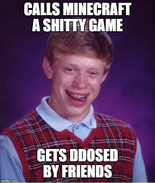 Bad Luck Brian | CALLS MINECRAFT A SHITTY GAME; GETS DDOSED BY FRIENDS | image tagged in memes,bad luck brian | made w/ Imgflip meme maker