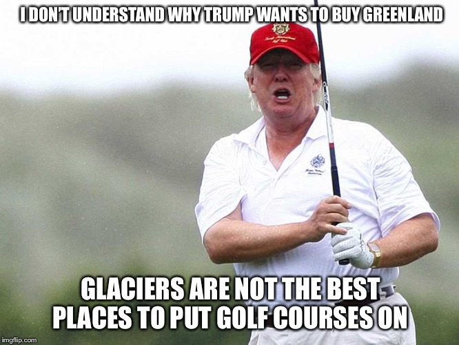 The Retard Of The United States does it again... | I DON’T UNDERSTAND WHY TRUMP WANTS TO BUY GREENLAND; GLACIERS ARE NOT THE BEST PLACES TO PUT GOLF COURSES ON | image tagged in donald trump | made w/ Imgflip meme maker