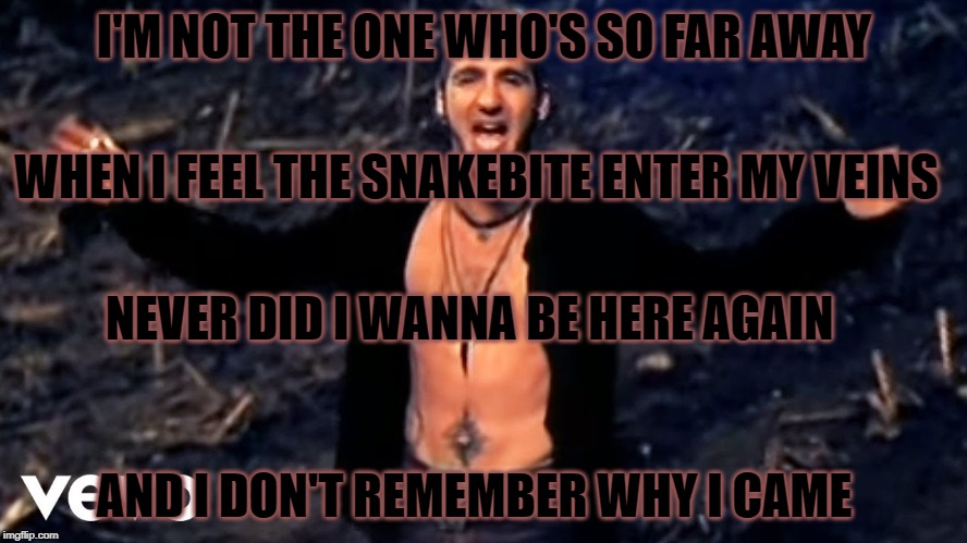 Voodoo-Godsmack | I'M NOT THE ONE WHO'S SO FAR AWAY; WHEN I FEEL THE SNAKEBITE ENTER MY VEINS; NEVER DID I WANNA BE HERE AGAIN; AND I DON'T REMEMBER WHY I CAME | image tagged in memes,music,90s music,rock music,lyrics | made w/ Imgflip meme maker