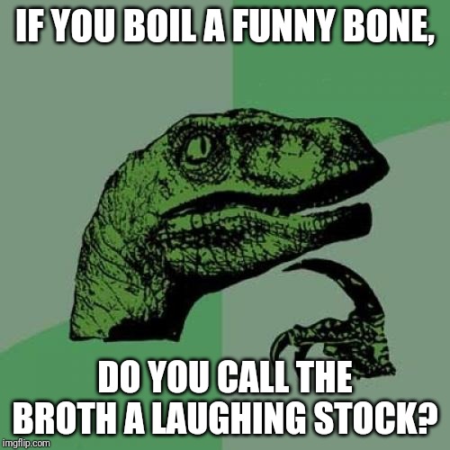 Curious raptor | IF YOU BOIL A FUNNY BONE, DO YOU CALL THE BROTH A LAUGHING STOCK? | image tagged in curious raptor | made w/ Imgflip meme maker