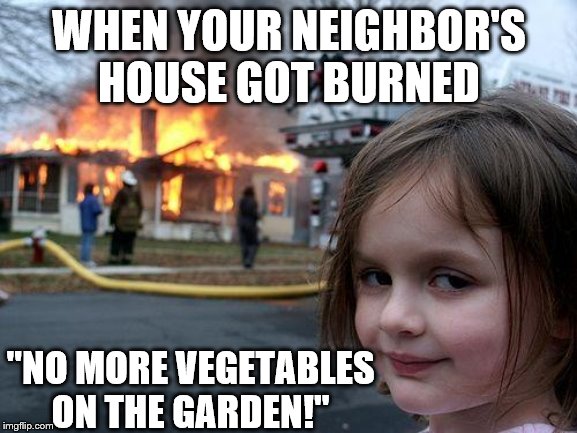 Disaster Girl Meme | WHEN YOUR NEIGHBOR'S HOUSE GOT BURNED; "NO MORE VEGETABLES ON THE GARDEN!" | image tagged in memes,disaster girl | made w/ Imgflip meme maker