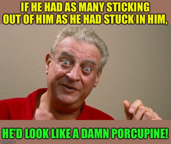 Rodney Dangerfield | IF HE HAD AS MANY STICKING OUT OF HIM AS HE HAD STUCK IN HIM, HE’D LOOK LIKE A DAMN PORCUPINE! | image tagged in rodney dangerfield | made w/ Imgflip meme maker