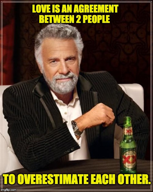 The Most Interesting Man In The World Meme | LOVE IS AN AGREEMENT BETWEEN 2 PEOPLE; TO OVERESTIMATE EACH OTHER. | image tagged in memes,the most interesting man in the world | made w/ Imgflip meme maker