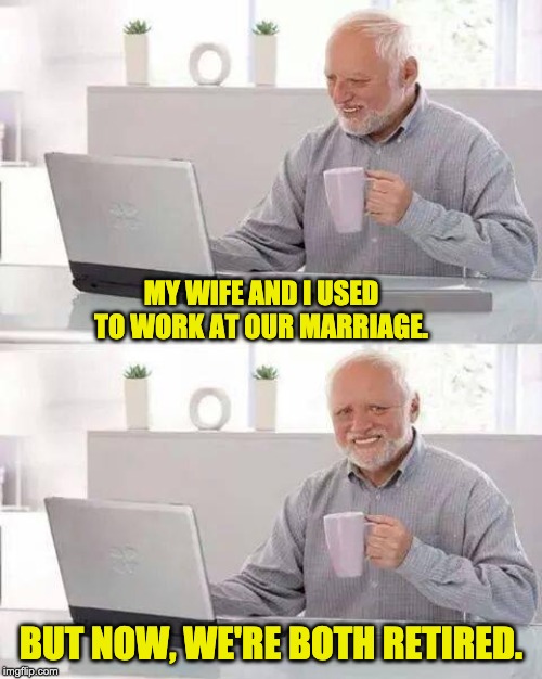 Hide the Pain Harold Meme | MY WIFE AND I USED TO WORK AT OUR MARRIAGE. BUT NOW, WE'RE BOTH RETIRED. | image tagged in memes,hide the pain harold | made w/ Imgflip meme maker