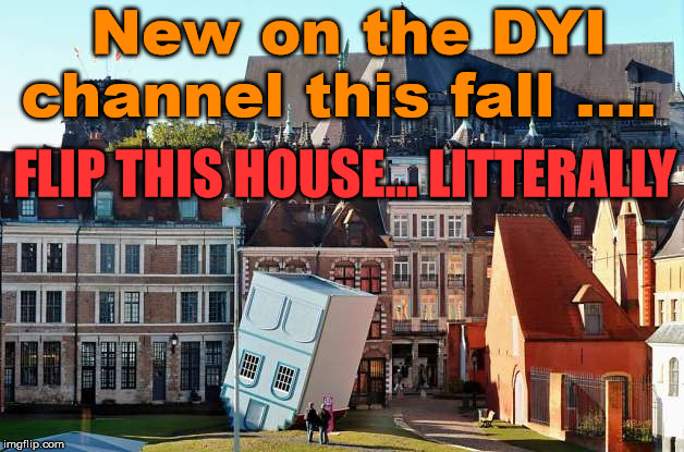 Yet another house flipping show with a new concept. | New on the DYI channel this fall .... FLIP THIS HOUSE... LITTERALLY | image tagged in tv show,flipper,funny meme | made w/ Imgflip meme maker