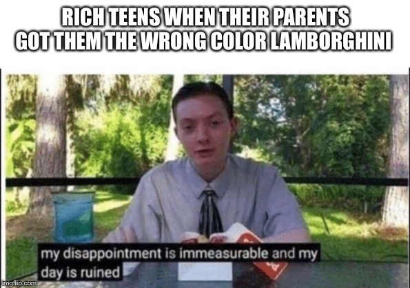 My dissapointment is immeasurable and my day is ruined | RICH TEENS WHEN THEIR PARENTS GOT THEM THE WRONG COLOR LAMBORGHINI | image tagged in my dissapointment is immeasurable and my day is ruined | made w/ Imgflip meme maker