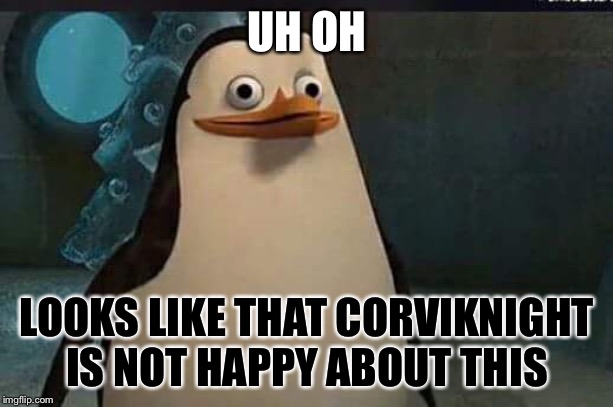 Madagascar penguin | UH OH LOOKS LIKE THAT CORVIKNIGHT IS NOT HAPPY ABOUT THIS | image tagged in madagascar penguin | made w/ Imgflip meme maker
