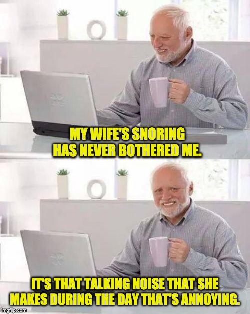 Hide the Pain Harold | MY WIFE'S SNORING HAS NEVER BOTHERED ME. IT'S THAT TALKING NOISE THAT SHE MAKES DURING THE DAY THAT'S ANNOYING. | image tagged in memes,hide the pain harold | made w/ Imgflip meme maker