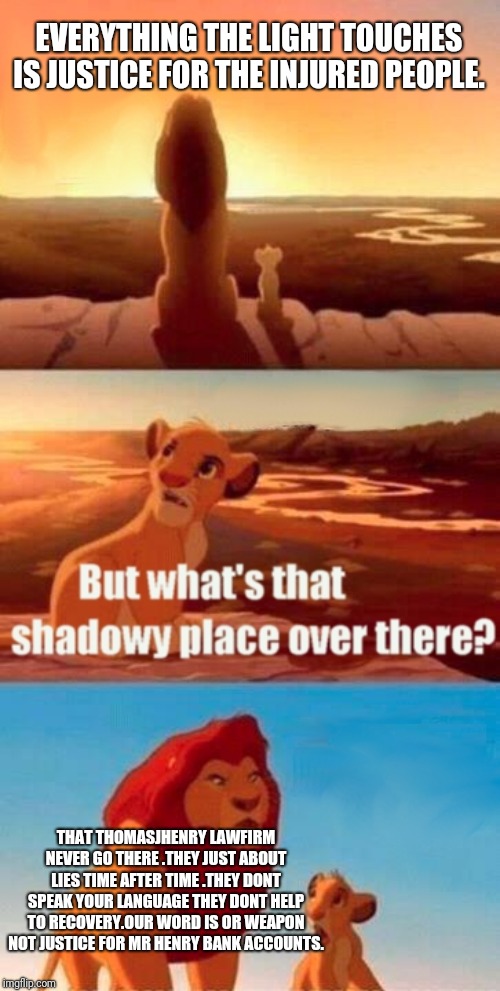 Tjh? | EVERYTHING THE LIGHT TOUCHES IS JUSTICE FOR THE INJURED PEOPLE. THAT THOMASJHENRY LAWFIRM NEVER GO THERE .THEY JUST ABOUT LIES TIME AFTER TIME .THEY DONT SPEAK YOUR LANGUAGE THEY DONT HELP TO RECOVERY.OUR WORD IS OR WEAPON NOT JUSTICE FOR MR HENRY BANK ACCOUNTS. | image tagged in memes,simba shadowy place | made w/ Imgflip meme maker
