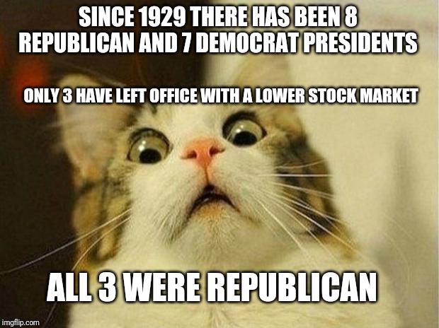 3 of 8 | SINCE 1929 THERE HAS BEEN 8 REPUBLICAN AND 7 DEMOCRAT PRESIDENTS; ONLY 3 HAVE LEFT OFFICE WITH A LOWER STOCK MARKET; ALL 3 WERE REPUBLICAN | image tagged in memes,scared cat,republicans,democrats,president,stock market | made w/ Imgflip meme maker