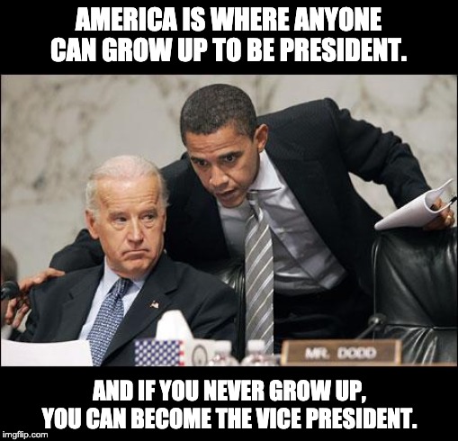 Obama coaches Biden | AMERICA IS WHERE ANYONE CAN GROW UP TO BE PRESIDENT. AND IF YOU NEVER GROW UP, YOU CAN BECOME THE VICE PRESIDENT. | image tagged in obama coaches biden | made w/ Imgflip meme maker