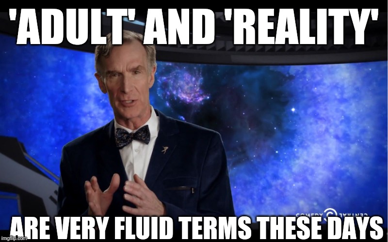 Bill Nye | 'ADULT' AND 'REALITY' ARE VERY FLUID TERMS THESE DAYS | image tagged in bill nye | made w/ Imgflip meme maker