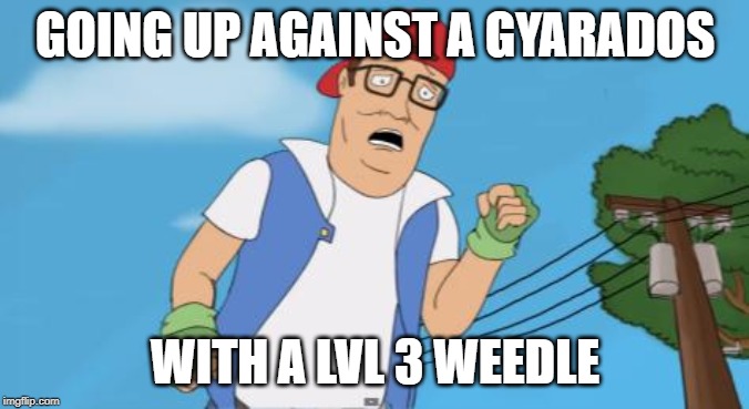 pokemon hank hill | GOING UP AGAINST A GYARADOS; WITH A LVL 3 WEEDLE | image tagged in pokemon hank hill | made w/ Imgflip meme maker