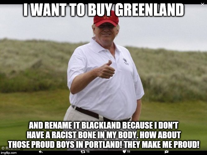 Fat Donald Trump | I WANT TO BUY GREENLAND; AND RENAME IT BLACKLAND BECAUSE I DON'T HAVE A RACIST BONE IN MY BODY. HOW ABOUT THOSE PROUD BOYS IN PORTLAND! THEY MAKE ME PROUD! | image tagged in fat donald trump | made w/ Imgflip meme maker