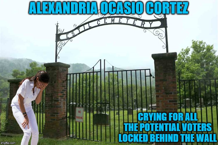 Walls are immoral! | ALEXANDRIA OCASIO CORTEZ; CRYING FOR ALL THE POTENTIAL VOTERS LOCKED BEHIND THE WALL | image tagged in memes,democrats,alexandria ocasio-cortez,political meme,cemetery,voters | made w/ Imgflip meme maker