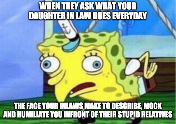 Mocking Spongebob Meme | WHEN THEY ASK WHAT YOUR DAUGHTER IN LAW DOES EVERYDAY; THE FACE YOUR INLAWS MAKE TO DESCRIBE, MOCK AND HUMILIATE YOU INFRONT OF THEIR STUPID RELATIVES | image tagged in memes,mocking spongebob | made w/ Imgflip meme maker