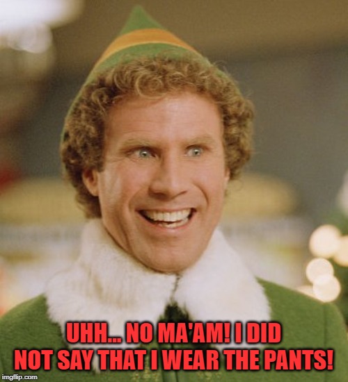 Buddy The Elf Meme | UHH... NO MA'AM! I DID NOT SAY THAT I WEAR THE PANTS! | image tagged in memes,buddy the elf | made w/ Imgflip meme maker
