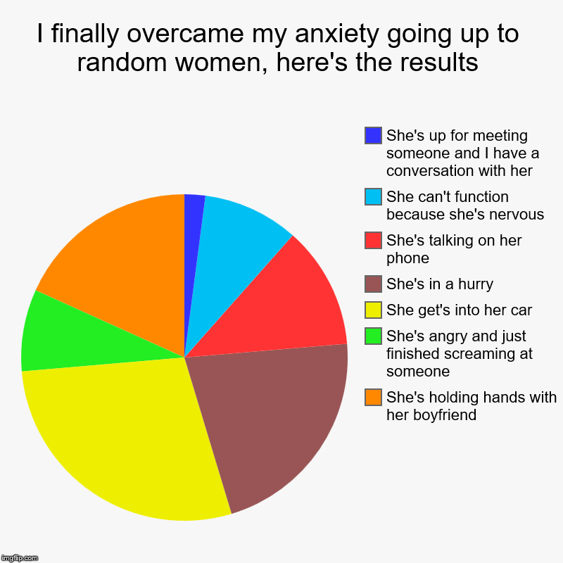 There are times when you really shoud let them be | I finally overcame my anxiety going up to random women, here's the results | She's holding hands with her boyfriend, She's angry and just fi | image tagged in charts,pie charts,college,women,life,relatable | made w/ Imgflip chart maker