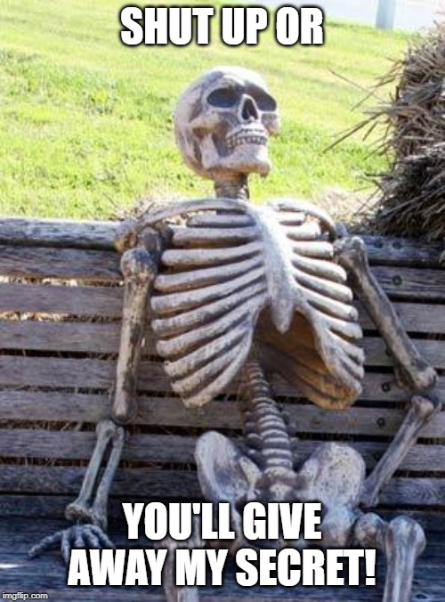 Waiting Skeleton Meme | SHUT UP OR YOU'LL GIVE AWAY MY SECRET! | image tagged in memes,waiting skeleton | made w/ Imgflip meme maker