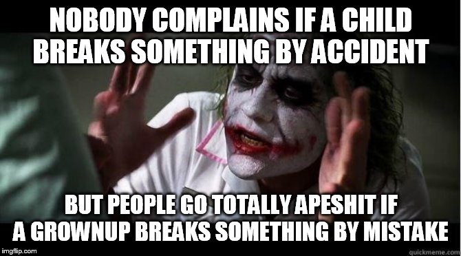 nobody bats an eye | NOBODY COMPLAINS IF A CHILD BREAKS SOMETHING BY ACCIDENT; BUT PEOPLE GO TOTALLY APESHIT IF A GROWNUP BREAKS SOMETHING BY MISTAKE | image tagged in nobody bats an eye,nobody complains,people go totally apeshit,child,grownup,mistake | made w/ Imgflip meme maker