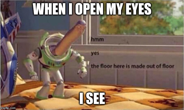 hmm yes the floor here is made out of floor | WHEN I OPEN MY EYES; I SEE | image tagged in hmm yes the floor here is made out of floor | made w/ Imgflip meme maker