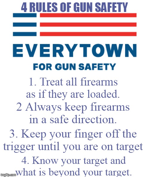 4 RULES OF GUN SAFETY; 1. Treat all firearms as if they are loaded. 2 Always keep firearms in a safe direction. 3. Keep your finger off the trigger until you are on target; 4. Know your target and what is beyond your target. | image tagged in gun safety rules | made w/ Imgflip meme maker
