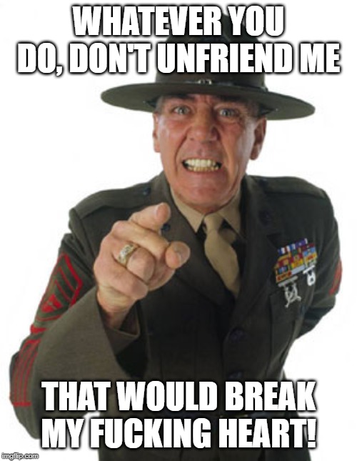 Gunny R. Lee Ermey | WHATEVER YOU DO, DON'T UNFRIEND ME; THAT WOULD BREAK MY FUCKING HEART! | image tagged in gunny r lee ermey | made w/ Imgflip meme maker