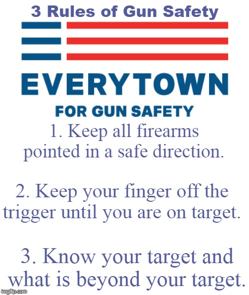 3 Rules of Gun Safety; 1. Keep all firearms pointed in a safe direction. 2. Keep your finger off the trigger until you are on target. 3. Know your target and what is beyond your target. | image tagged in gun safety rules | made w/ Imgflip meme maker