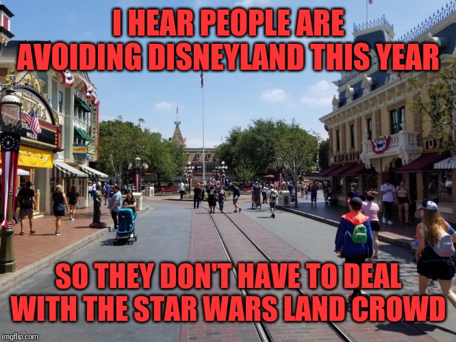 I HEAR PEOPLE ARE AVOIDING DISNEYLAND THIS YEAR SO THEY DON'T HAVE TO DEAL WITH THE STAR WARS LAND CROWD | made w/ Imgflip meme maker