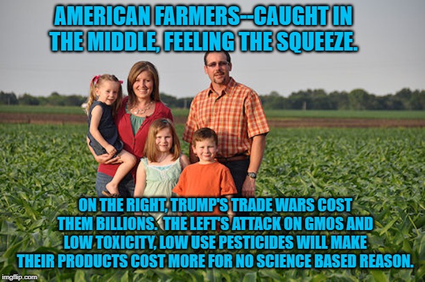 Family Farmers | AMERICAN FARMERS--CAUGHT IN THE MIDDLE, FEELING THE SQUEEZE. ON THE RIGHT, TRUMP'S TRADE WARS COST THEM BILLIONS.  THE LEFT'S ATTACK ON GMOS AND LOW TOXICITY, LOW USE PESTICIDES WILL MAKE THEIR PRODUCTS COST MORE FOR NO SCIENCE BASED REASON. | image tagged in politics | made w/ Imgflip meme maker