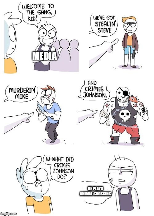 Crimes Johnson | MEDIA; HE PLAYS ANIMAL CROSSING | image tagged in crimes johnson | made w/ Imgflip meme maker