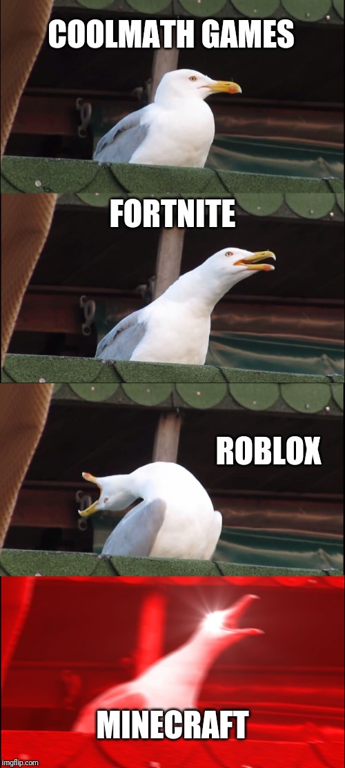 Inhaling Seagull Meme | COOLMATH GAMES; FORTNITE; ROBLOX; MINECRAFT | image tagged in memes,inhaling seagull | made w/ Imgflip meme maker