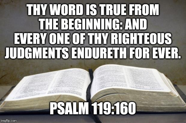 Bible | THY WORD IS TRUE FROM THE BEGINNING: AND EVERY ONE OF THY RIGHTEOUS JUDGMENTS ENDURETH FOR EVER. PSALM 119:160 | image tagged in bible | made w/ Imgflip meme maker