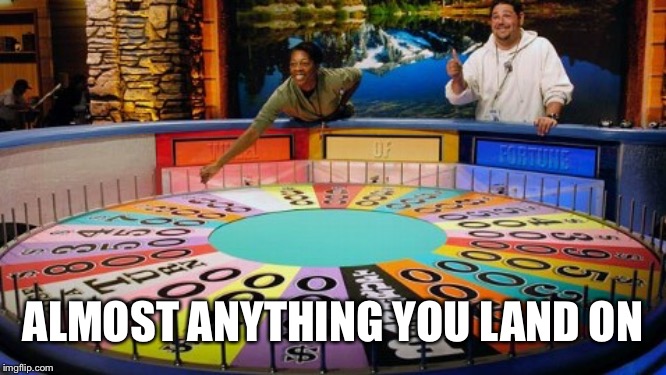 Wheel of fortune  | ALMOST ANYTHING YOU LAND ON | image tagged in wheel of fortune | made w/ Imgflip meme maker