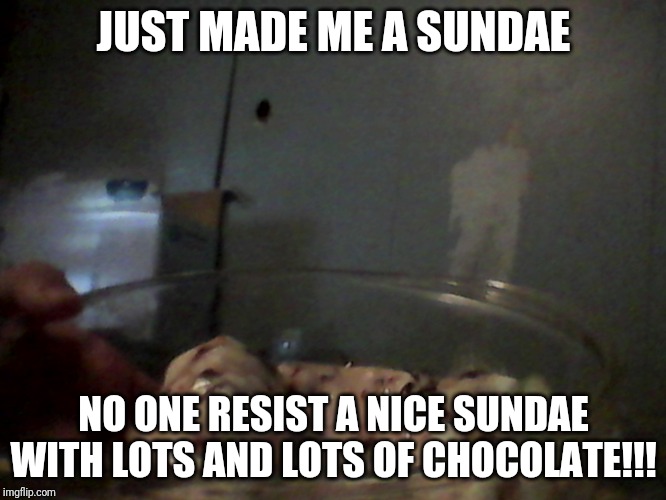 sundae | JUST MADE ME A SUNDAE; NO ONE RESIST A NICE SUNDAE WITH LOTS AND LOTS OF CHOCOLATE!!! | image tagged in sundae | made w/ Imgflip meme maker