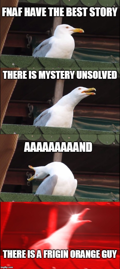 fnaf | FNAF HAVE THE BEST STORY; THERE IS MYSTERY UNSOLVED; AAAAAAAAAND; THERE IS A FRIGIN ORANGE GUY | image tagged in memes,inhaling seagull | made w/ Imgflip meme maker