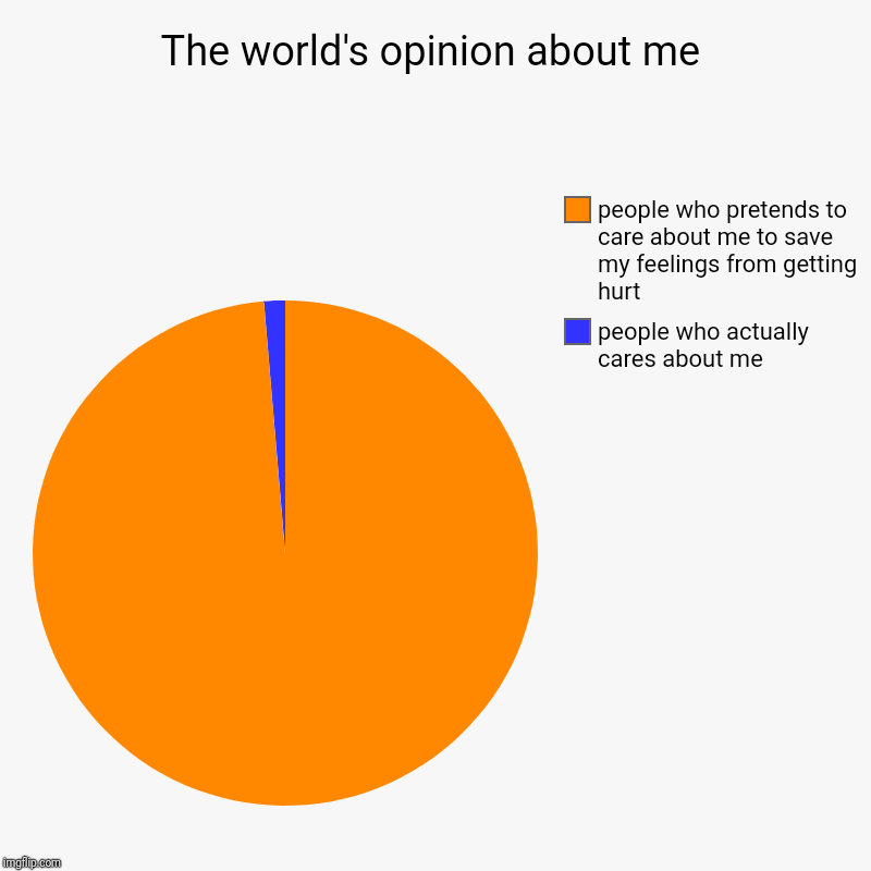 The world's opinion about me | people who actually cares about me, people who pretends to care about me to save my feelings from getting hur | image tagged in charts,pie charts | made w/ Imgflip chart maker