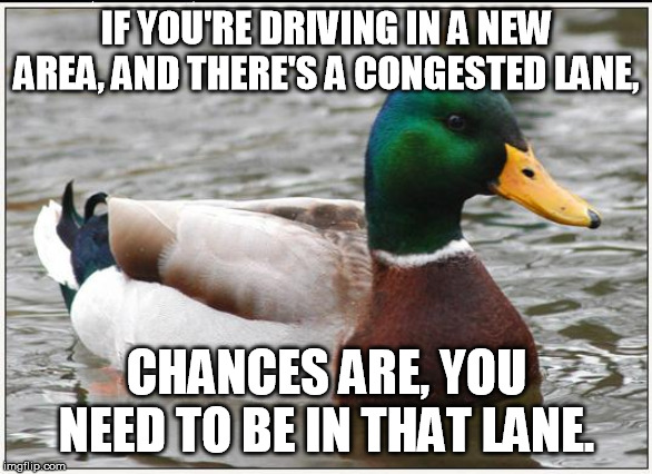 Actual Advice Mallard | IF YOU'RE DRIVING IN A NEW AREA, AND THERE'S A CONGESTED LANE, CHANCES ARE, YOU NEED TO BE IN THAT LANE. | image tagged in memes,actual advice mallard,AdviceAnimals | made w/ Imgflip meme maker