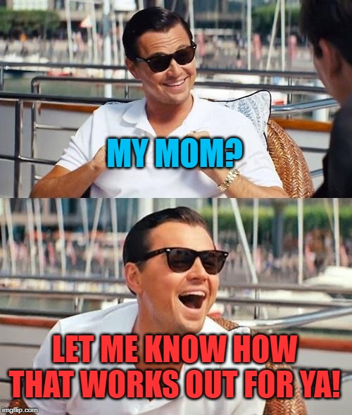 Leonardo Dicaprio Wolf Of Wall Street Meme | MY MOM? LET ME KNOW HOW THAT WORKS OUT FOR YA! | image tagged in memes,leonardo dicaprio wolf of wall street | made w/ Imgflip meme maker