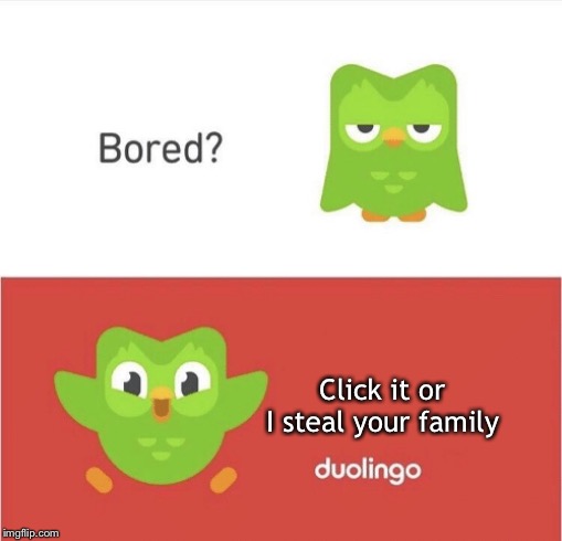 Bored Duolingo | Click it or I steal your family | image tagged in bored duolingo | made w/ Imgflip meme maker